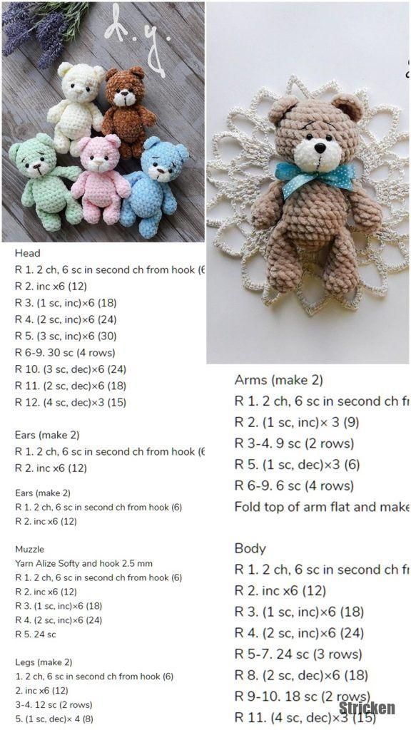 crocheted teddy bears are shown in three different colors and sizes, along with instructions for how to make them