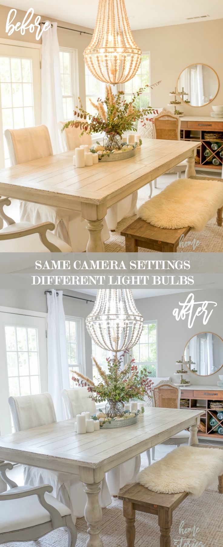 the before and after photos of a dining room table with white chairs, chandelier,