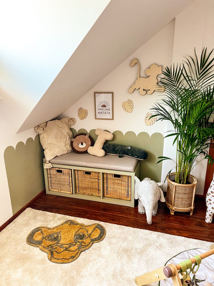 a room with some stuffed animals on the floor and plants in baskets next to it