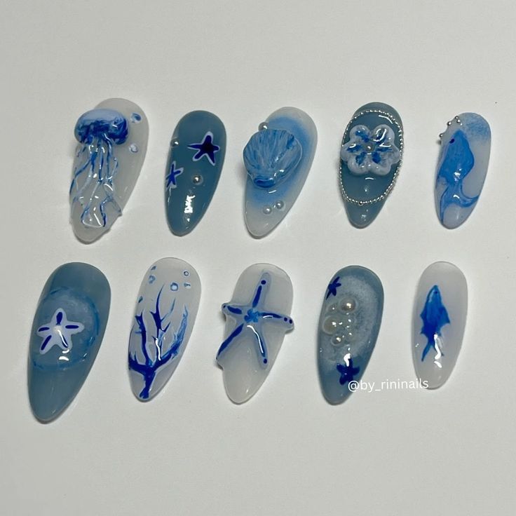 Stingray Nail Designs, Summer Theme Nails, Underwater Nails, Ocean Theme Nails, Theme Nails, Handmade Nails, Sea Nails, Beachy Nails, Coastal Summer