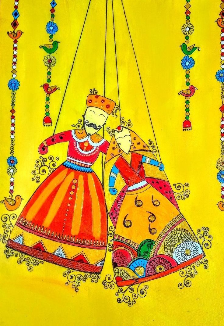 a painting of two people hanging from strings with colorful beads on the bottom and yellow background