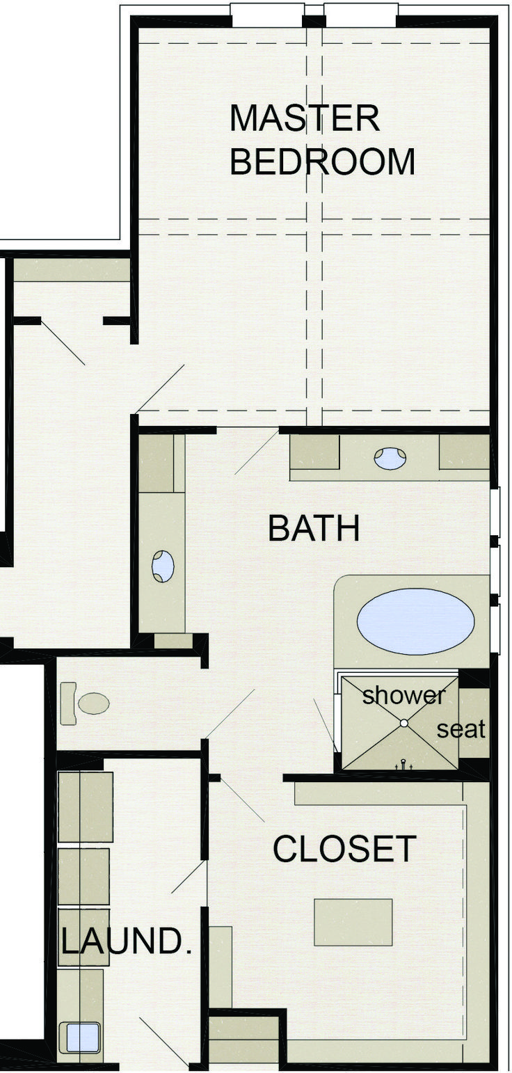 the floor plan for a bedroom and bathroom in a house with two separate rooms, including an attached bathtub