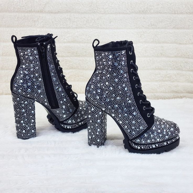 Beautiful Rhinestone Ankle Boots Black Faux Suede 4.75" Heel With A 1.5" Platform Deep Lug Tread Adjustable Lace Up Front Design With A Easy To Use Side Zipper New In Box Rhinestone Playform Heel Boots, Wild Diva Boots, Party High Heel Boots With Rhinestone Rivets, Winter Embellished High Heeled Boots, Glamorous Rhinestone Heeled Boots For Winter, Party Heeled Leather Boots With Rhinestones, Party Boots With Rhinestones And Round Toe, Glamorous Platform Ankle Boots, Studded High Heel Platform Boots For Party