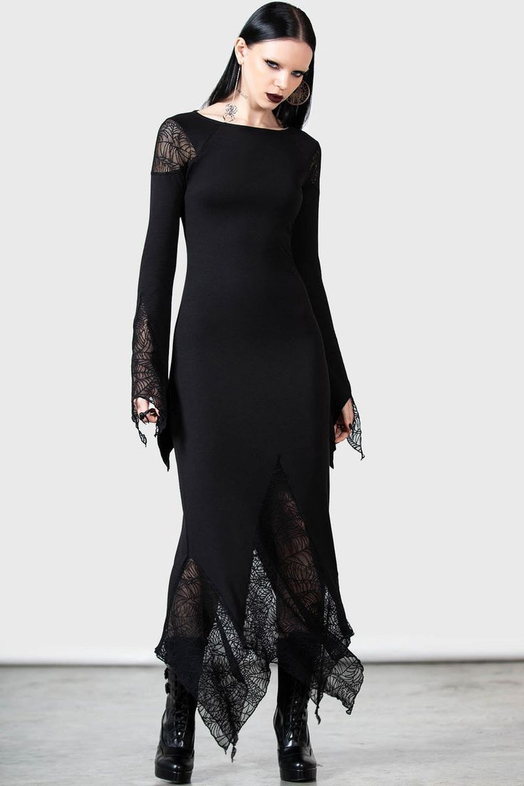 Spiderella Dress | Killstar Spiderweb Lace, Killstar Dress, Good Dye Young, Goth Things, Clothing Wishlist, 2010 Fashion, Witch Fashion, Fitted Maxi Dress, Hanky Hem