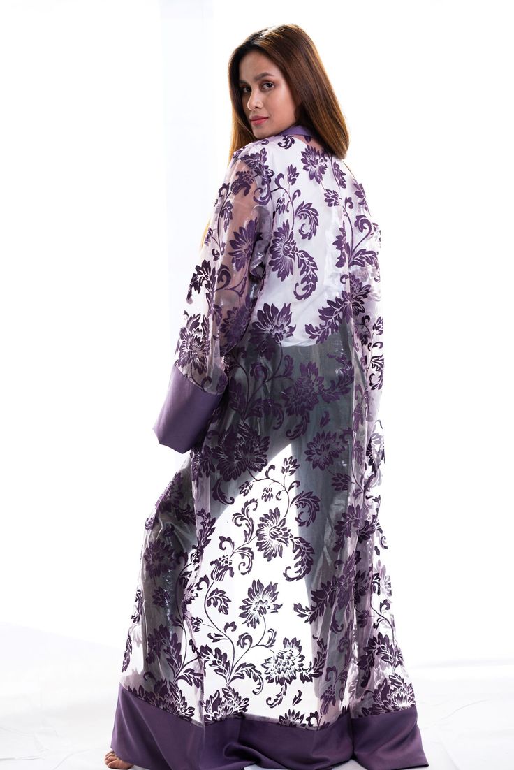 puple floral robe Elegant Floral Embroidered Kaftan For Spring, Elegant Floral Embroidered Kaftan For Evening, Elegant Floral Embroidered Evening Kaftan, Long Sleeve Purple Party Kaftan, Elegant Sheer Robe For Party, Elegant Spring Kaftan With Floral Embroidery, Elegant Floral Embroidery Kaftan For Evening, Elegant Purple Evening Kaftan, Elegant Long Lace Kimono