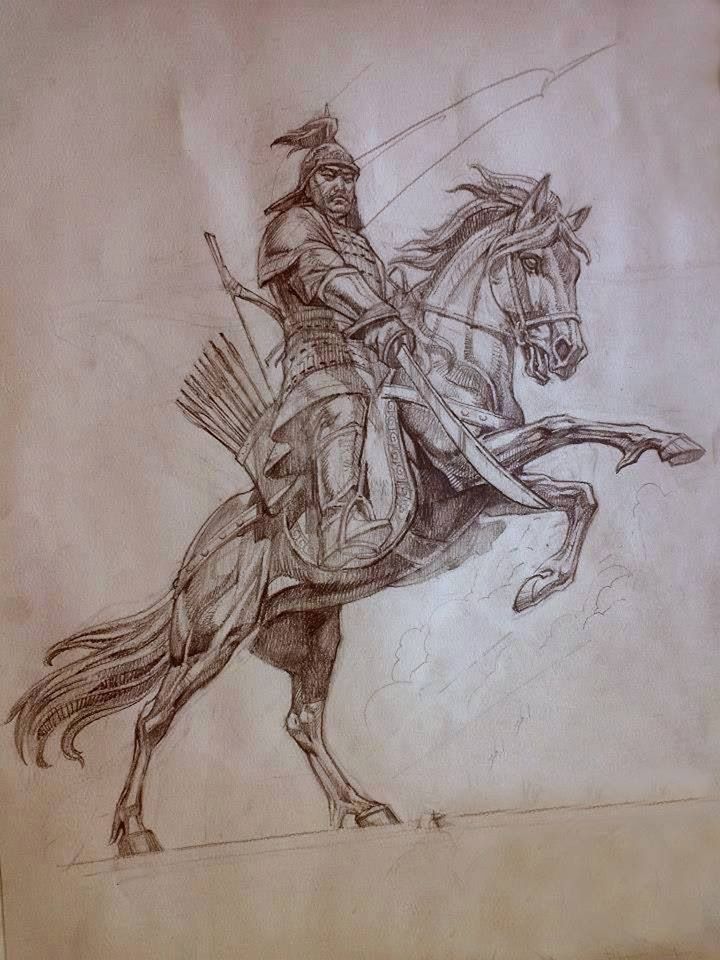 a drawing of a man riding on the back of a horse with an arrow in his hand