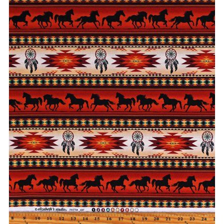 a red and black navajo style pattern with horses on the ground, in front of an orange background