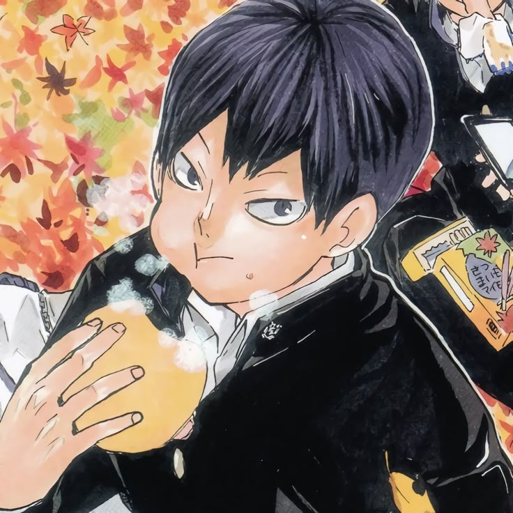 an anime character with black hair and blue eyes, holding a drink in his hand