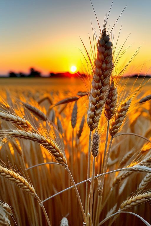 the sun is setting over a wheat field