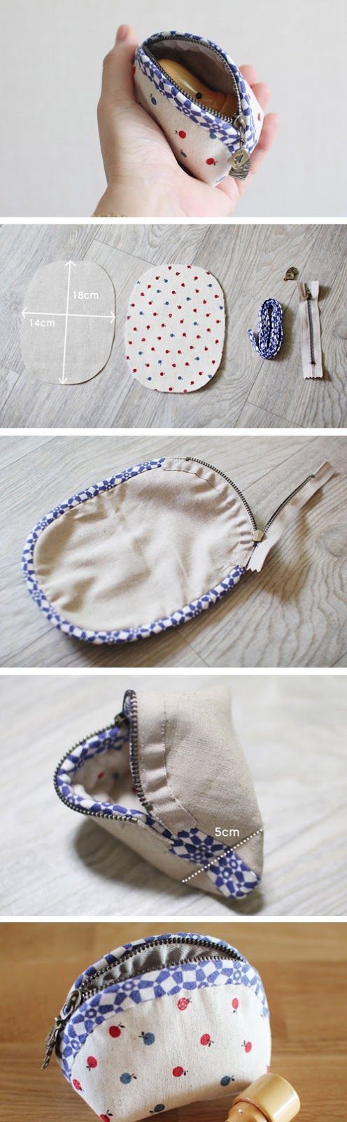 four pictures showing how to make an oval pouch with fabric and buttons on the inside