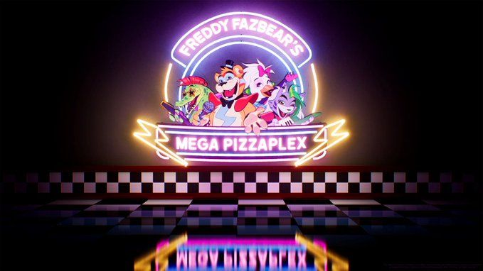 the neon sign for mega pizzaplex in front of a black and white checkered floor