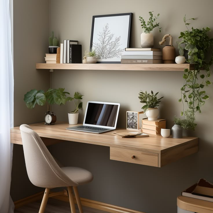 a laptop computer sitting on top of a wooden desk next to a potted plant