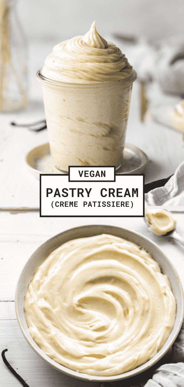 vegan pastry cream in a bowl next to a spoon