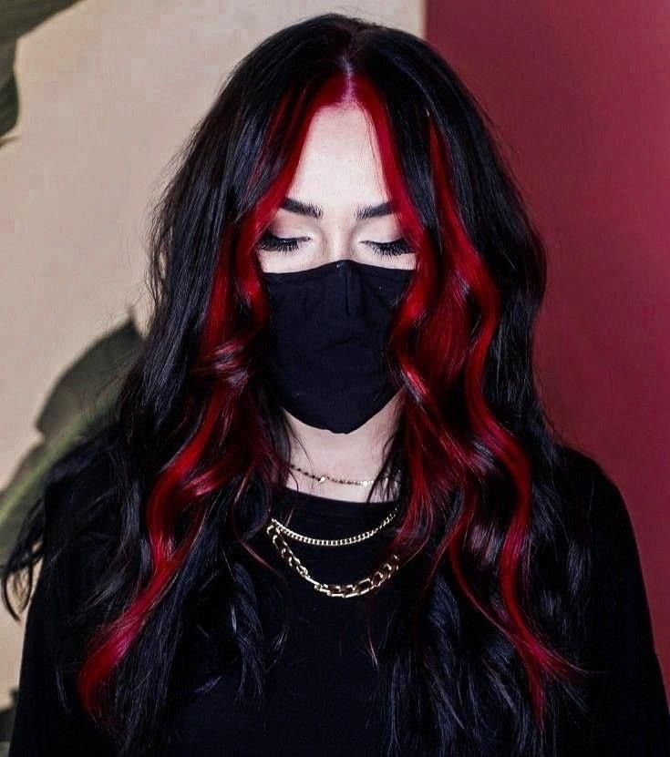 Color Money Piece Hair Brunette, Colored Hair Money Piece, Money Bag Hair Color, Deep Red Money Piece Hair, Brown Hair With Red Money Piece Highlights, From Black Hair To Red, Fantasy Color Money Piece Hair, Red Money Peice Black Hair, Short Black Hair With Red Money Piece