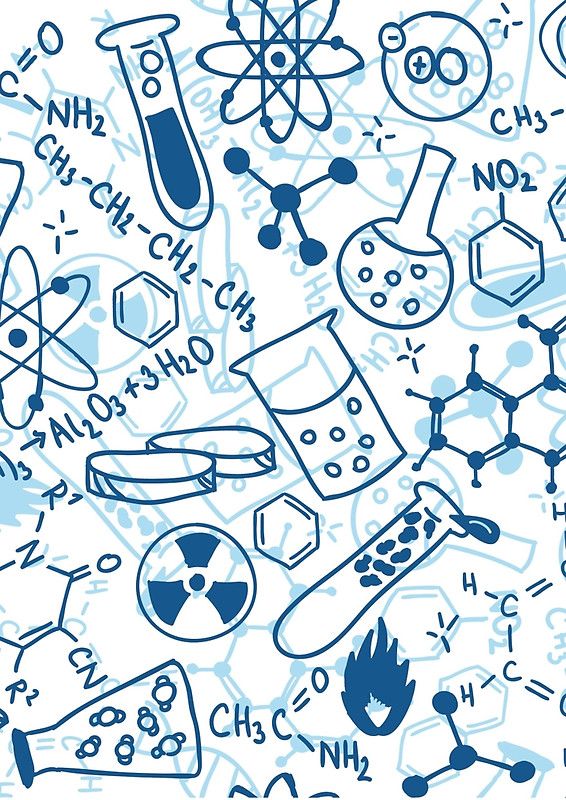 a blue and white background with many different types of science related objects on it's surface