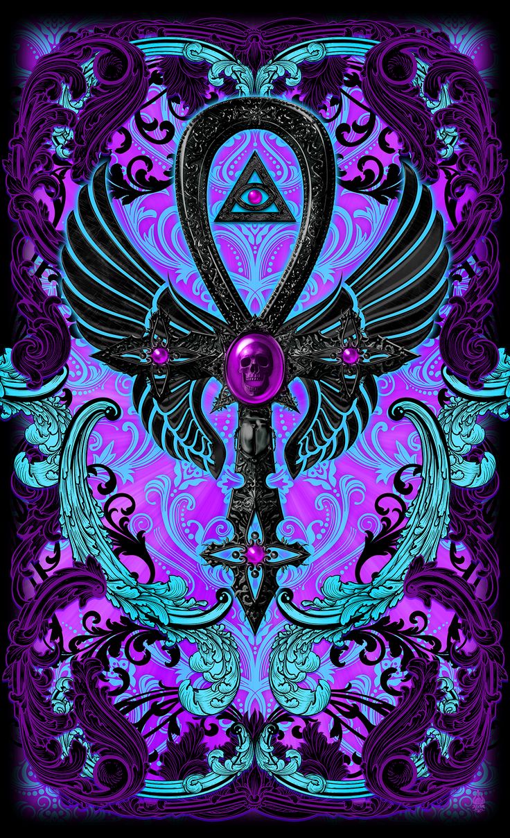 a cross with wings and an eye in the center on a purple background, surrounded by ornate swirls