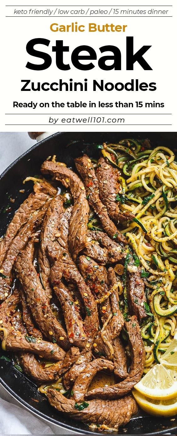 steak and zucchini noodles in a skillet with lemon wedges on the side