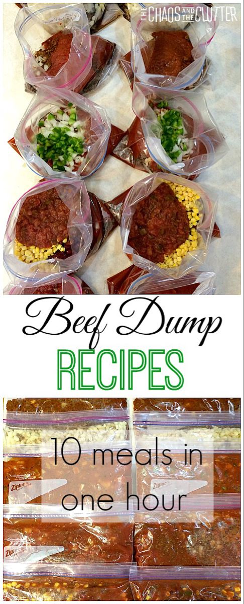 beef dumps are packed in plastic bags and placed on top of each other with text overlay that reads beef dumps recipes 10 meals in one hour