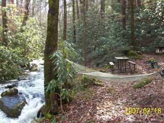 there is a hammock in the woods next to a stream and picnic tables