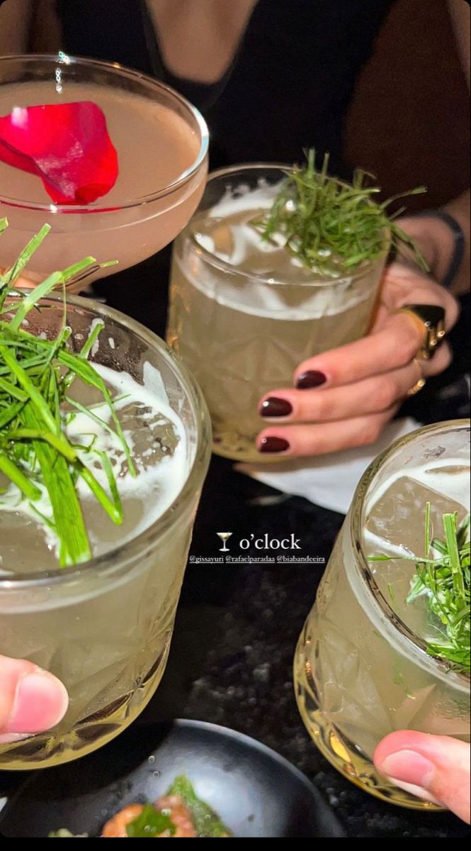 two people holding up glasses with drinks in them and garnishes on the rims