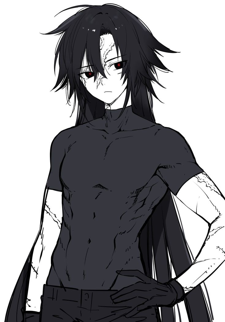 an anime character with long black hair and red eyes, holding his hands on his hips