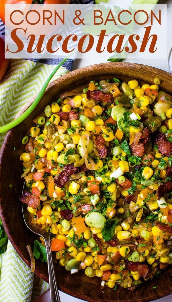 corn and bacon salad in a wooden bowl