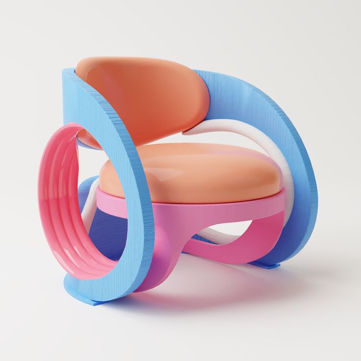 a chair made out of different colored plastic parts on a white surface with no one around it