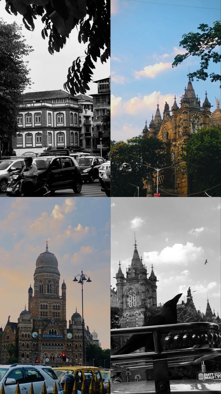 black and white photographs of old buildings with cars parked in front