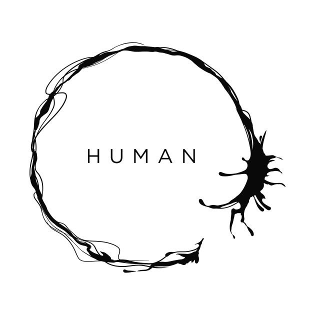 the word human written in black ink on a white background with an abstract circular shape