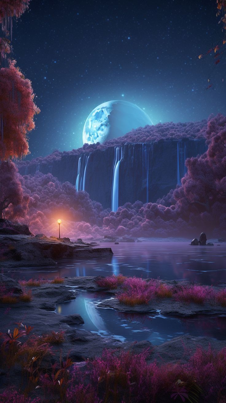 a painting of a waterfall at night with the moon in the sky