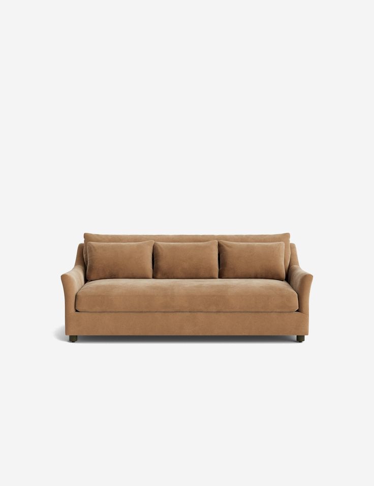 Niven Loose Back Sofa Caramel Velvet Sofa, Comfy Modern Sofa, Camel Sofa, Wood Frame Couch, Bench Seat Sofa, Nest Furniture, Olive Sofa, Modern Home Designs, Burled Wood Furniture