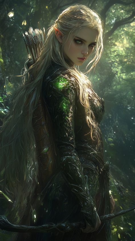 a woman with long blonde hair holding a bow in the middle of a wooded area