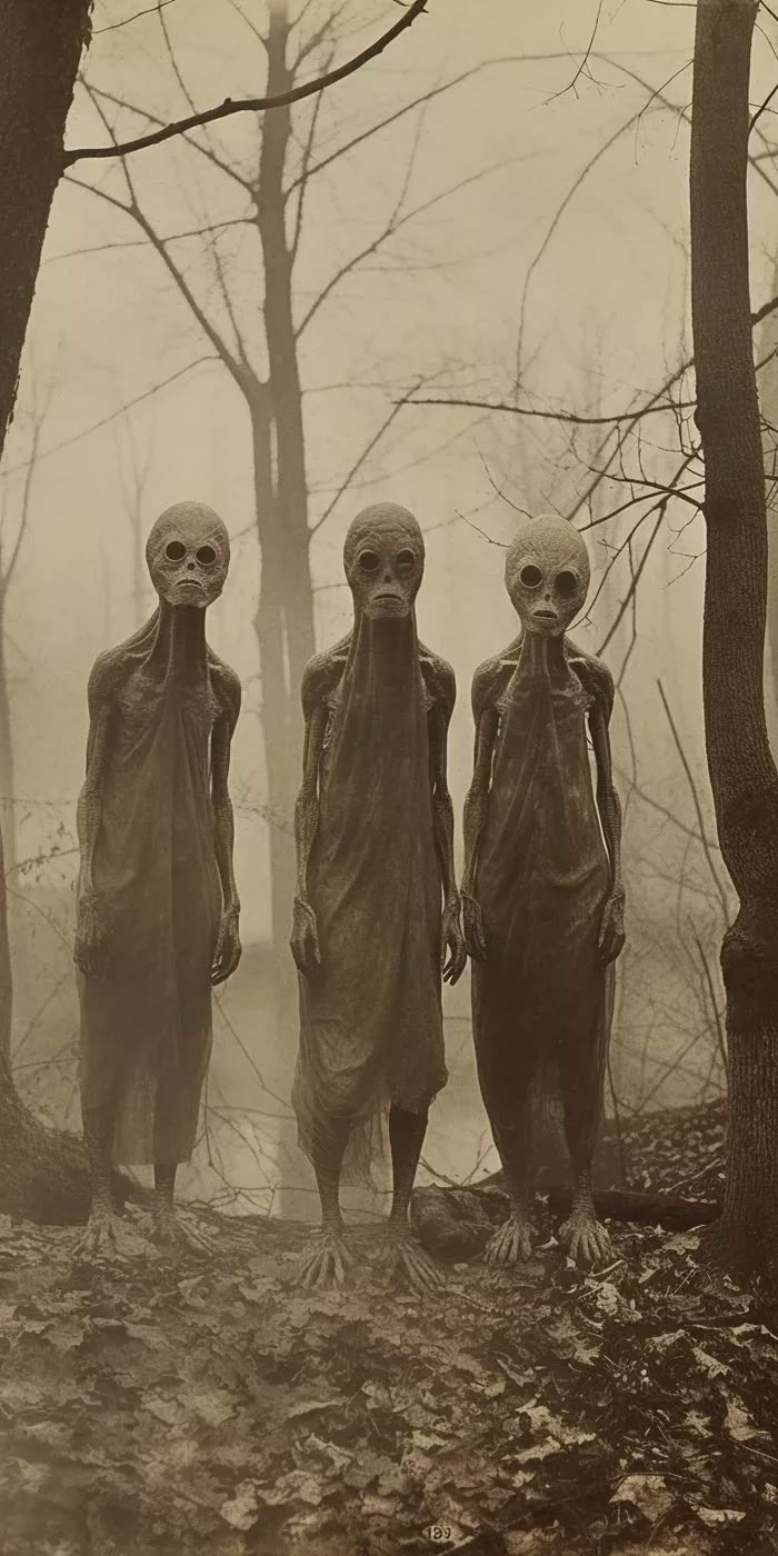 three creepy looking alien men standing in the woods with trees and fog behind them,