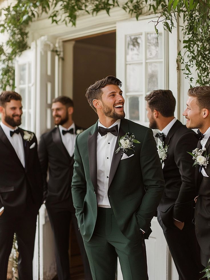 a group of men standing next to each other wearing suits and bow ties on their wedding day