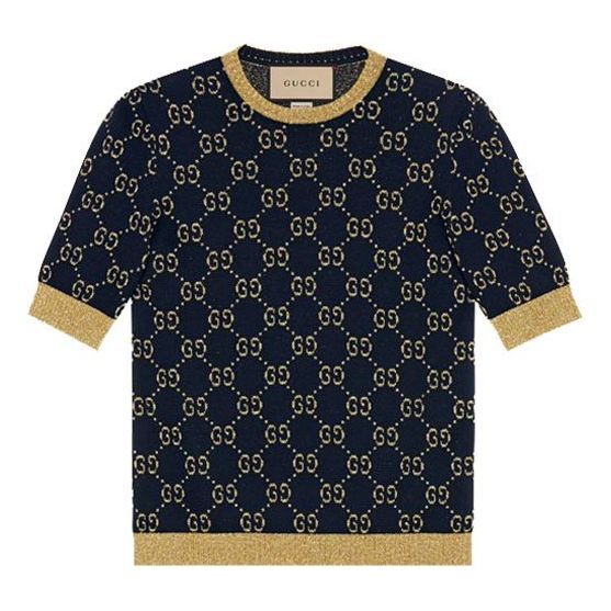 (WMNS) GUCCI GG Cotton Silk Short Sleeve Top Shirt NavyBlue 526759-X9W83-4921 (Women's) Lurex Top, Top Azul, Gucci Shirt, Louis Vuitton Shirt, Chanel Shirt, Gold Lame, Gucci Monogram, Silk Shorts, Monogram Logo