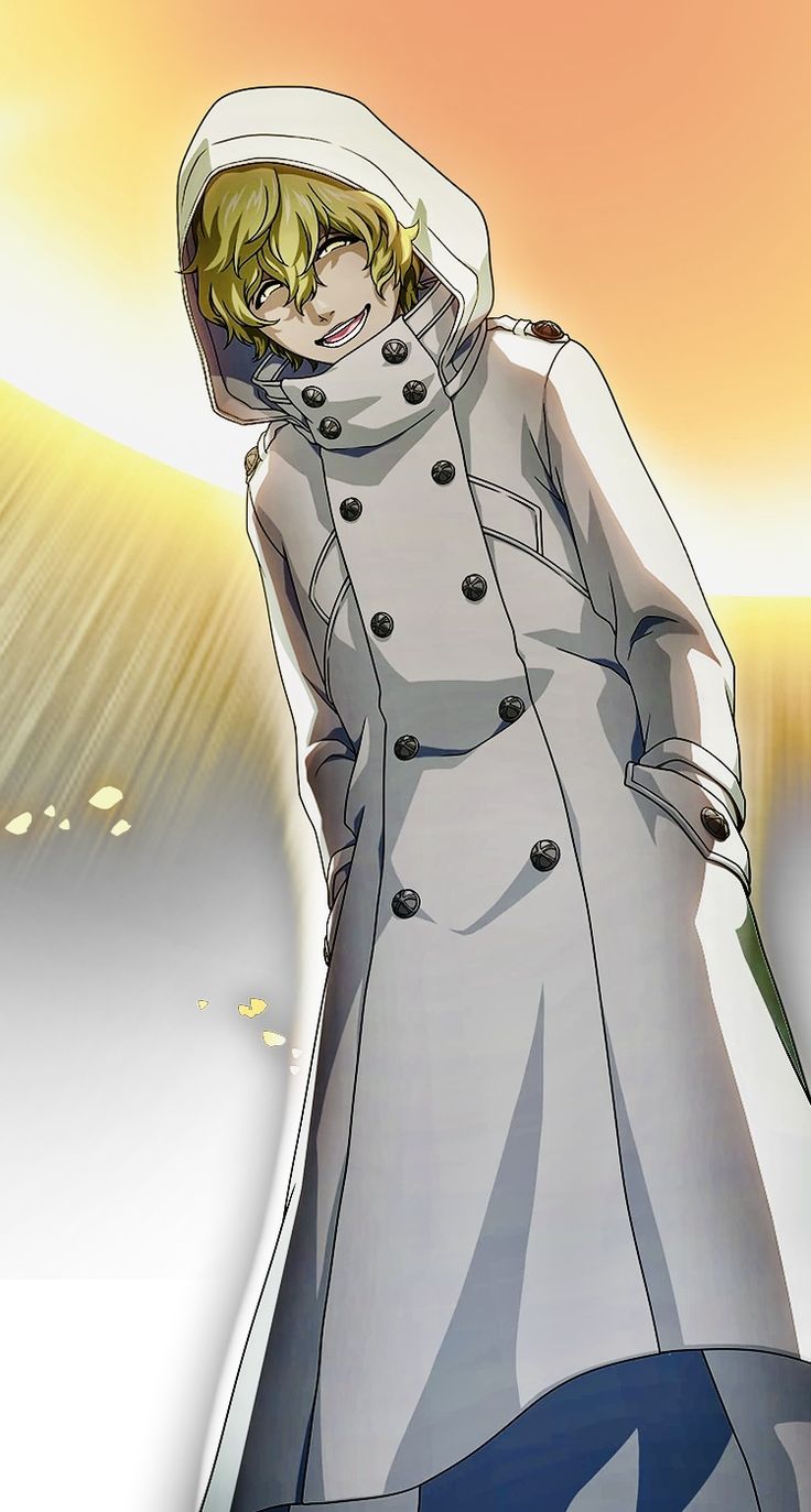 an anime character wearing a trench coat and blue pants standing in front of the sun