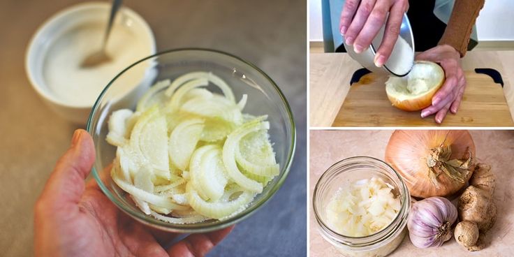 there are pictures of onions being peeled and then put in the bowl to make soup