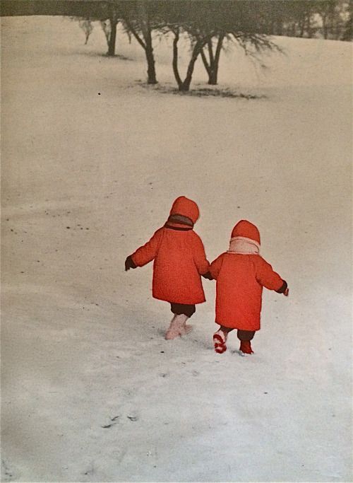 two children in red coats walking through the snow