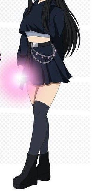 an anime character with long black hair and boots, holding a light saber in her hand