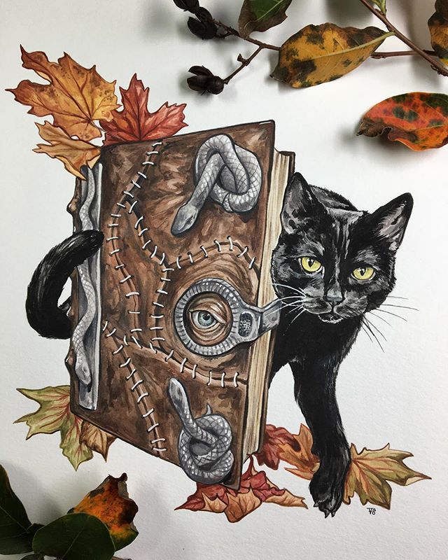 a drawing of a book with a black cat on it's cover, surrounded by leaves