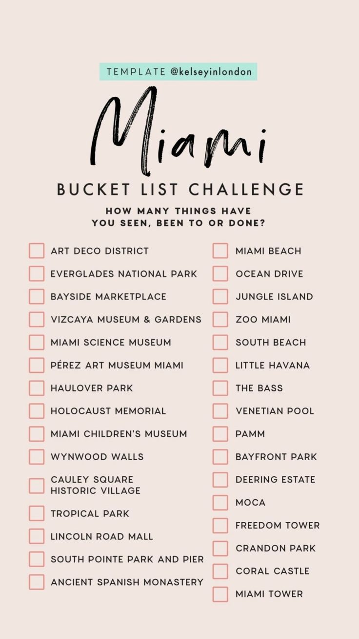 the ultimate bucket list for miami in pink and black with text overlaying it