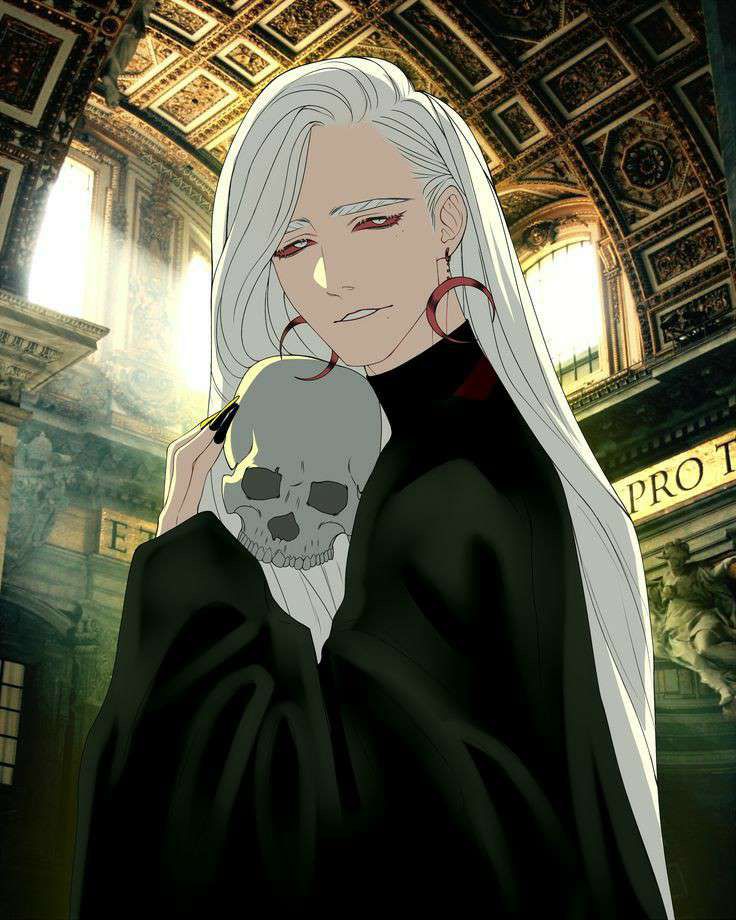 a woman with long white hair holding a skull in her right hand and looking at the camera