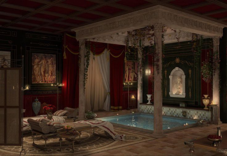 a living room with a pool in the middle and red drapes on the walls