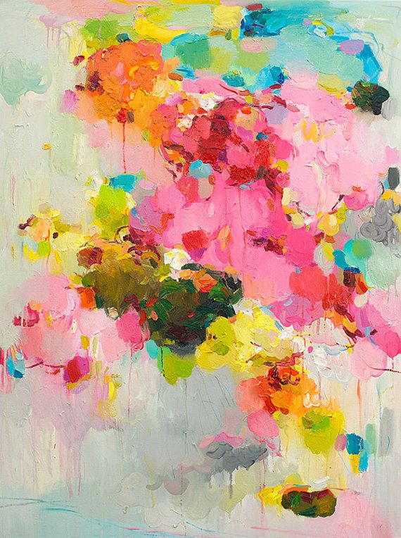 an abstract painting with lots of colors on the paint and some white, yellow, pink, green