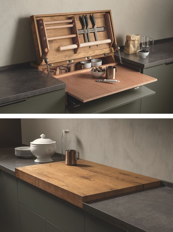 two photographs of kitchen utensils in an open box on top of a counter