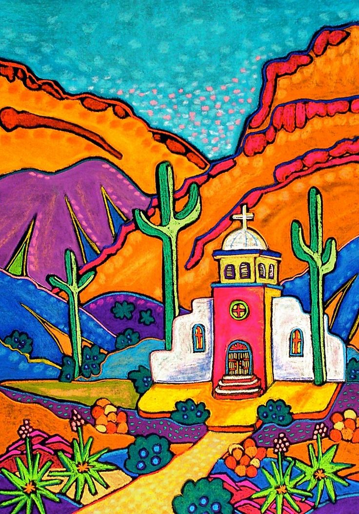 a painting of a small church in the desert with cactus trees and mountains behind it