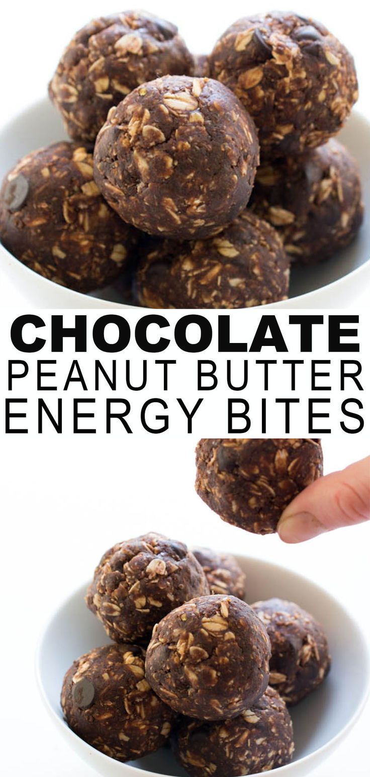 chocolate peanut butter energy bites on a white plate