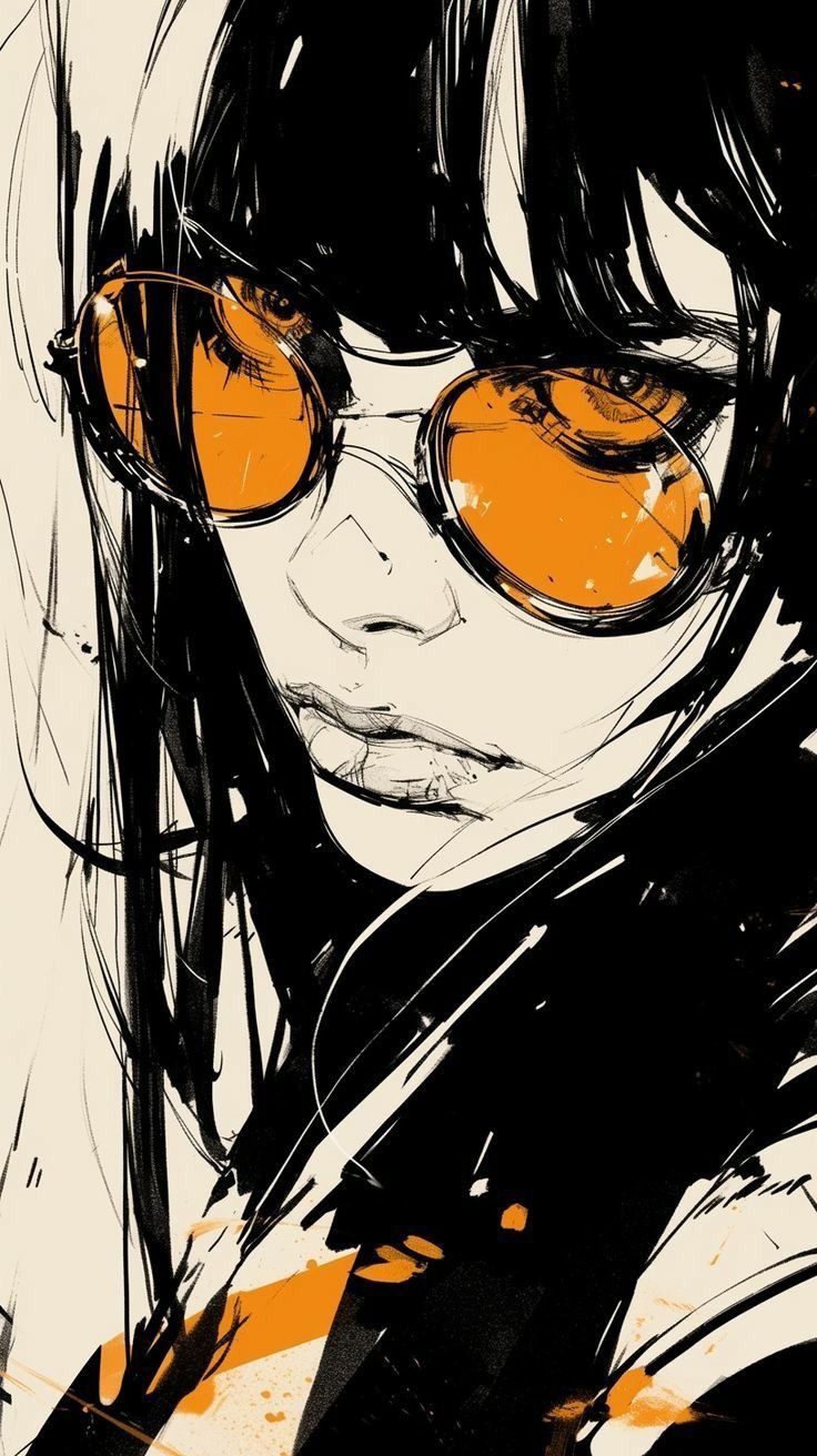 a drawing of a woman with orange glasses