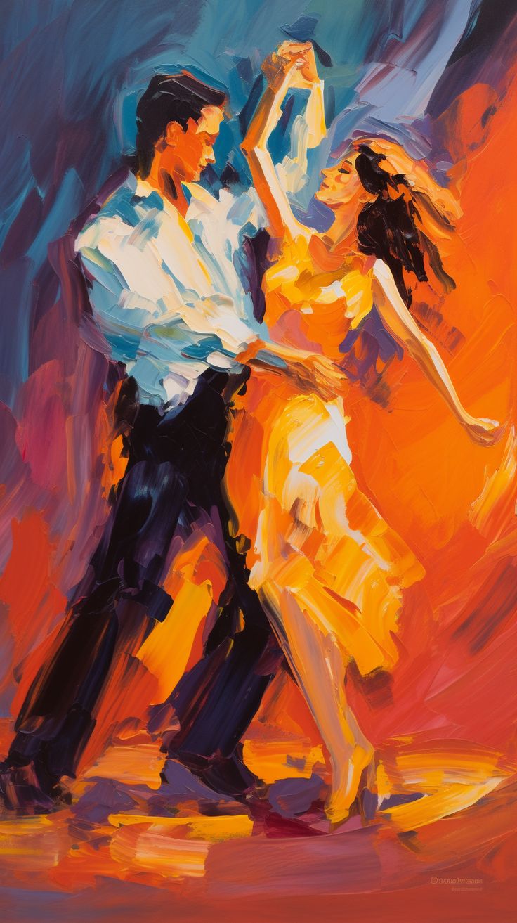 a painting of a man and woman dancing