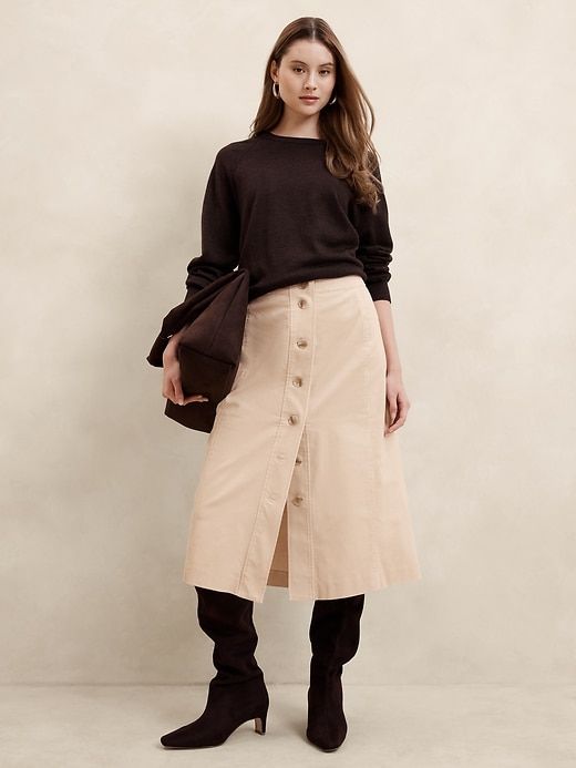 Corduroy Midi Skirt | Banana Republic Factory Knee-length Skirt With Side Buttons For Work, Spring Workwear Skirt With Buttons, Chic Workwear Skirt With Button Closure, Fall Pencil Skirt With Button Closure, Knee-length Bottoms With Buttons For Winter, Spring Workwear Skirt With Buttoned Pockets, Fall Workwear Skirt With Buttoned Pockets, Chic Skirt With Snap Buttons For Fall, Chic Fall Skirt With Snap Buttons